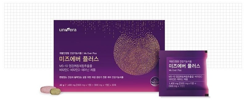 모눈종이 상자 앞에 놓인 미즈에버 플러스 박스와 멀티팩 1포, 왼쪽 아래에 분홍색·올리브색 정제 2알. 박스 글자: univera, 개별인정형 건강기능식품 | Ms Ever Plus, 미즈에버 플러스, MS-10 엉겅퀴등복합추출물 · 비타민C · 비타민D · 테아닌 제품, 변함없는 건강과 활력있는 삶을 위한 여성 갱년기 전문 케어 건강기능식품, 42 g | 1,400 mg [(500 mg x 1정) + (900 mg x 1정)] x 30포