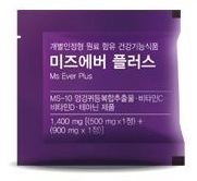 미즈에버 플러스 멀티팩 1포. 글자: 개별인정형 원료 함유 건강기능식품, 미즈에버 플러스, Ms Ever Plus, MS-10 엉겅퀴등복합추출물 · 비타민C · 비타민D · 테아닌 제품, 1,400 mg [(500 mg×1정) + (900 mg x 1정)]