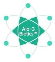 청록 여섯 모 별과 궤도 두 줄, 점 여섯의 원자 그림 — 가운데 글자 Alo-3 Biotics™