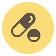 노란 원 안의 알약과 정제 아이콘