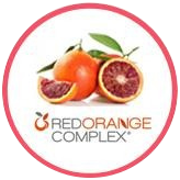 블러드 오렌지 사진과 REDORANGE COMPLEX® 표시가 든 빨간 테두리 원
