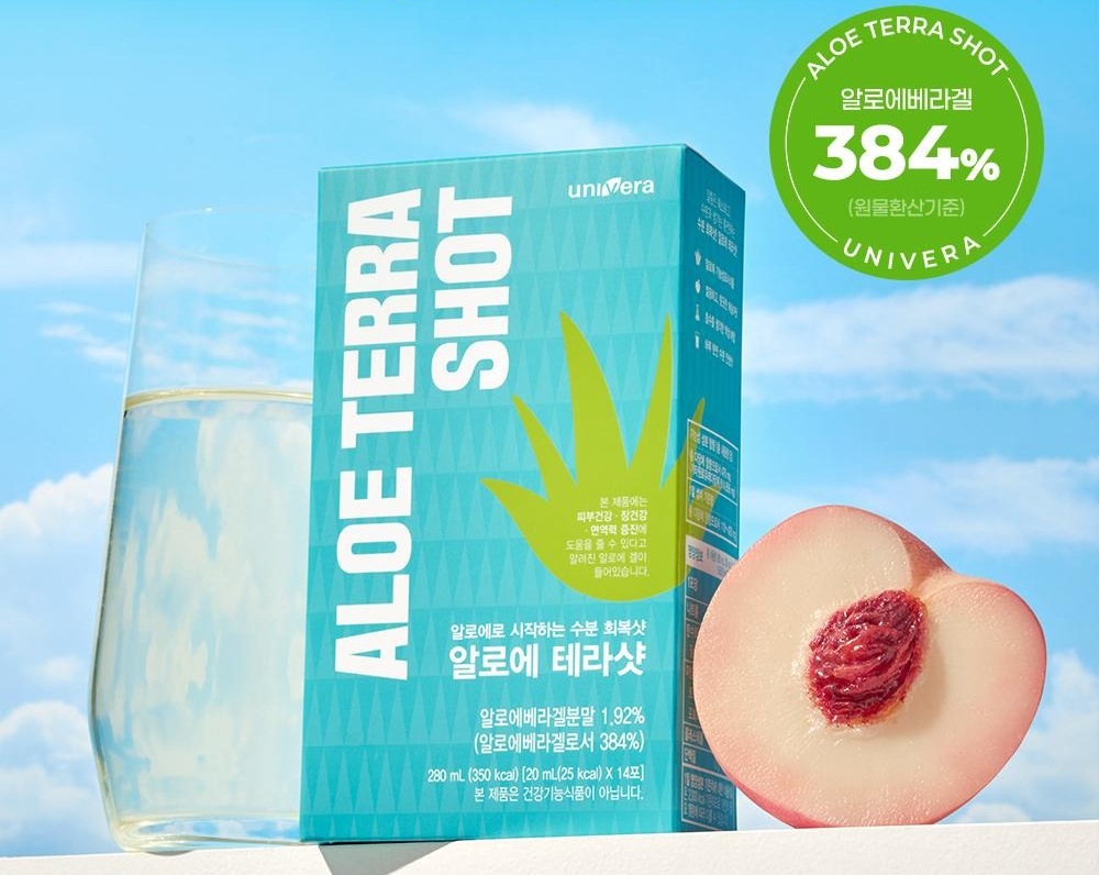 파란 하늘 앞에 놓인 알로에 테라샷 청록색 상자와 물이 담긴 유리컵, 반으로 자른 복숭아. 오른쪽 위 초록 원형 배지에 ALOE TERRA SHOT · 알로에베라겔 · 384% · (원물환산기준) · UNIVERA 라고 적혀 있다