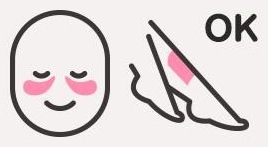 눈 밑에 분홍 볼이 있는 얼굴과 다리 선 아이콘, 옆에 굵은 글자 OK