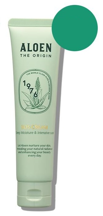 알로엔 디오리진 SOS 크림 민트색 튜브. 튜브 글자: ALOEN, THE ORIGIN, 1976, SOS CREAM, Deep Moisture & Intensive care