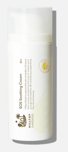힐탑가든 SOS 수딩 크림 용기 — 흰 반투명 용기에 세로 글자 HILLTOP GARDENS, SOS Soothing Cream