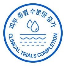 둥근 파란 배지. 위쪽에 둥글게 피부 층별 수분량 증가, 가운데에 물방울 둘과 물결 · 점선, 아래쪽에 둥글게 CLINICAL TRIALS COMPLETION