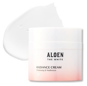 알로엔 더화이트 래디언스 크림 단지(RADIANCE CREAM Whitening & Resilience)와 뒤로 펴 바른 흰 크림 자국