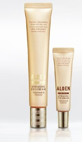 알로엔 안티에이징 아이크림 튜브 둘 — 본품(큰 튜브)과 증정품(작은 튜브). 용기 글자: ALOEN, THE GOLD, ANTIAGING EYE CREAM, Voluminous & Elasticity