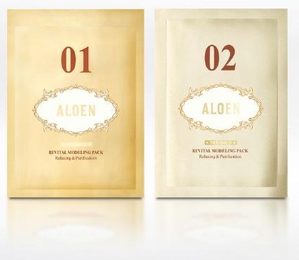 알로엔 리바이탈 모델링 팩 봉투 둘 — 01(짙은 금색) · 02(옅은 금색). 봉투 글자: 01 · 02, ALOEN, THE GOLD, REVITAL MODELING PACK, Relaxing & Purification