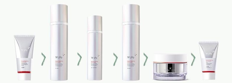 W389 제품 여섯이 차례로 놓인 줄 — 필링젤 튜브, 토너 병, 스팟 에센스 병, 로션 병, 크림 단지, 선크림 튜브(은빛 · 빨간 띠). 사이사이 세이지 초록 꺾쇠