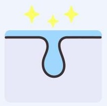 피부 단면 — 하늘색으로 채워진 깨끗한 모공과 노란 반짝임 셋